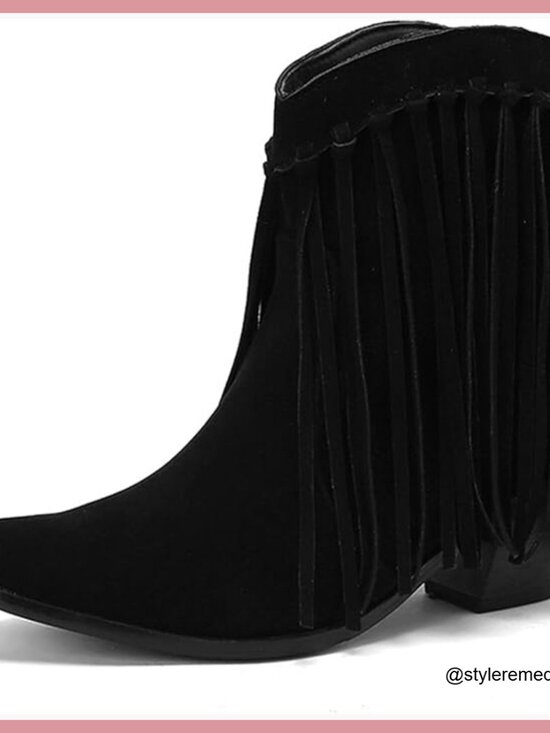 Faux Fur Tassel Ankle Boots Slip On Block Heel Square Toe